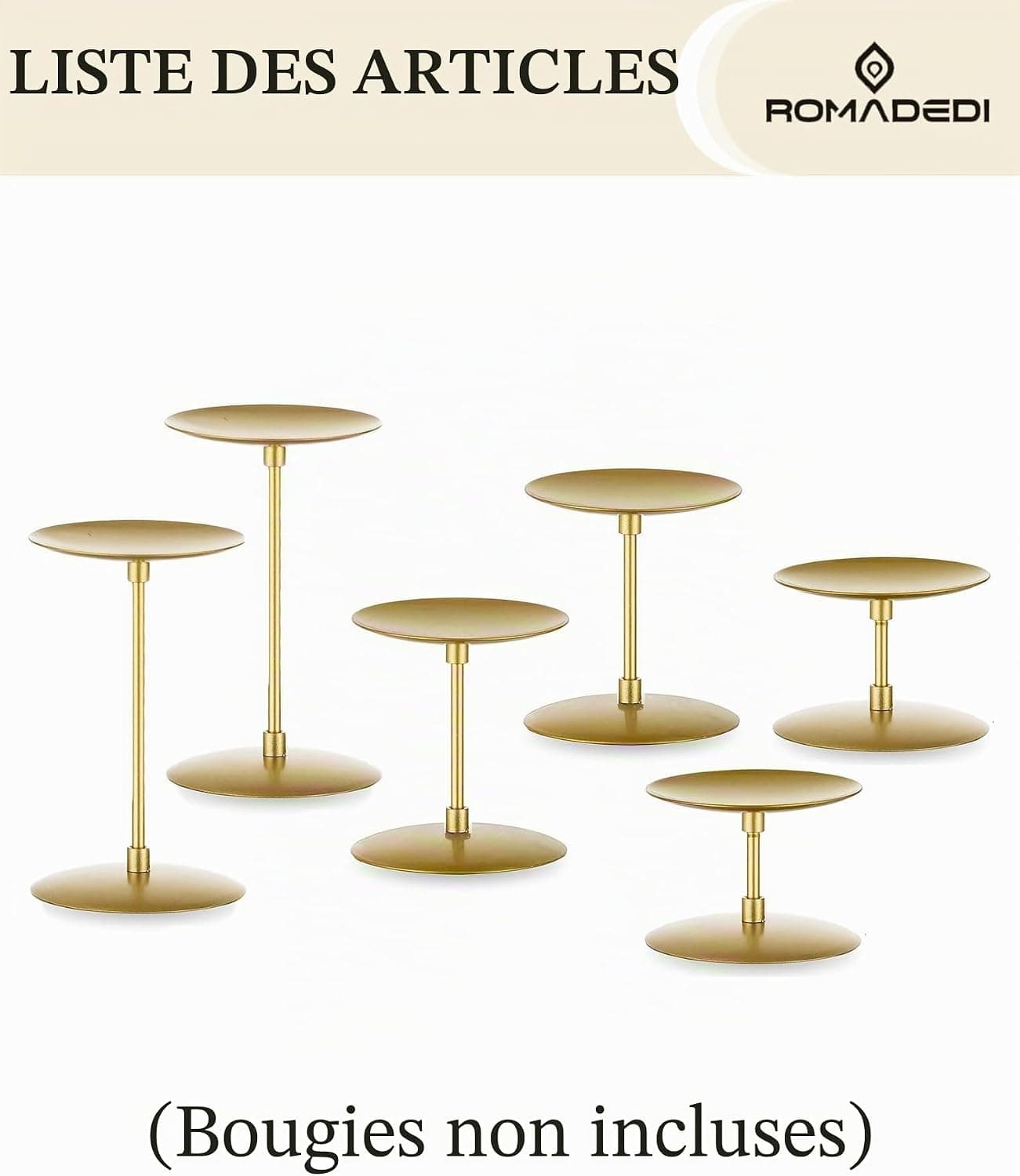 Romadedi Bougeoir Doré pour Bougies Pilier - Lot de 6 Bougeoirs Métal Moderne Décoration Centre de Table pour Mariage Noël L’Avent pour la Maison Salon Table Salle à Manger