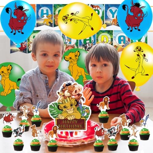 Syijupo Lion Thème Fournitures de Fête, 32 Pcs Décorations d'Anniversaire De Lion, Ballons,Décoration Gâteau,pour Enfant Anniversaire Déco