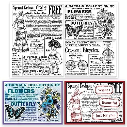 GLOBLELAND Tampons Transparents avec Fond de Texte de Journal Vintage Feuilles de Timbres en Gaufrage Rétro Dame Papillon Tampons Transparents en Silicone pour Scrapbooking et Cartes Décoration