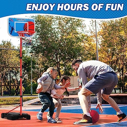 HYES Panier de Basket Exterieur Panier Basket Enfant, Réglable Hauteur Basket Interieur avec Pompe et 4 Ballon pour Jeux Exterieur Enfants