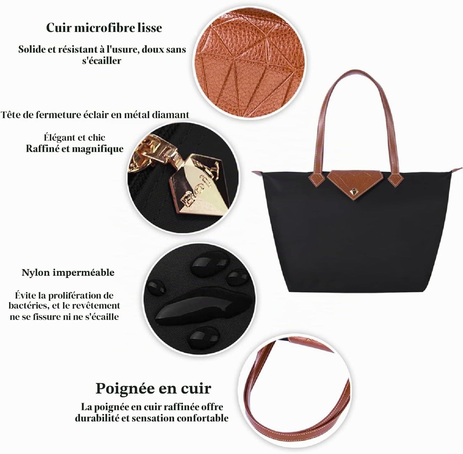 Sac à main pour femme, grand sac à bandoulière étanche, pliable noir pour loisirs, voyage, bureau, shopping