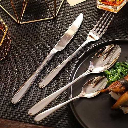CAOPAOTI Ensemble couverts de table 24 pièces, Service de couvert acier inoxydable pour 6 personnes, Set ménagére avec steak couteau et fourchette cuillère, passe au lave-vaisselle et poli miroir