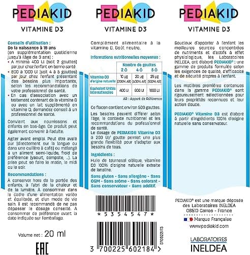 PEDIAKID - Vitamine D3 100% d'origine naturelle - Renforcement des défenses naturelles - Dès la naissance - Couvre 200% des apports journaliers recommandés - Flacon de 20ml