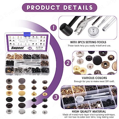 Swpeet Lot de 60 boutons-pression en cuir de 12,5 mm et pince perforatrice avec 4 outils de fixation, boutons pression en cuir, boutons pression en métal