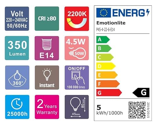 Emotionlite E14 LED Ampoules, Ampoules à incandescence à LED, 4W (Equivalent 40W), E14 Candélabre, Ambre Glow, 2200K, Paquet de 6 (P45 2200K)