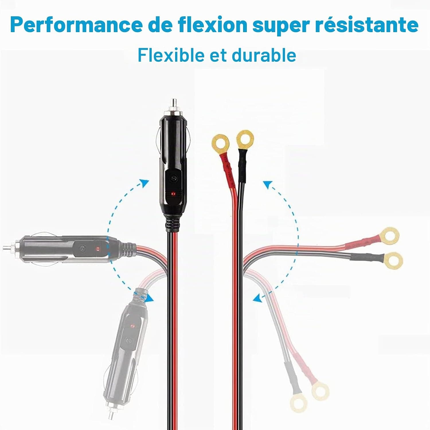 Prise Allume-Cigare Mâle 0,6m-borne à œillet Cordon d'alimentation à ressort 16 AWG Câble robuste fusionné DC Alimentation 12/24 V Prise Pour Onduleur de Voiture Gonfleur de Pneu Pompe à Air