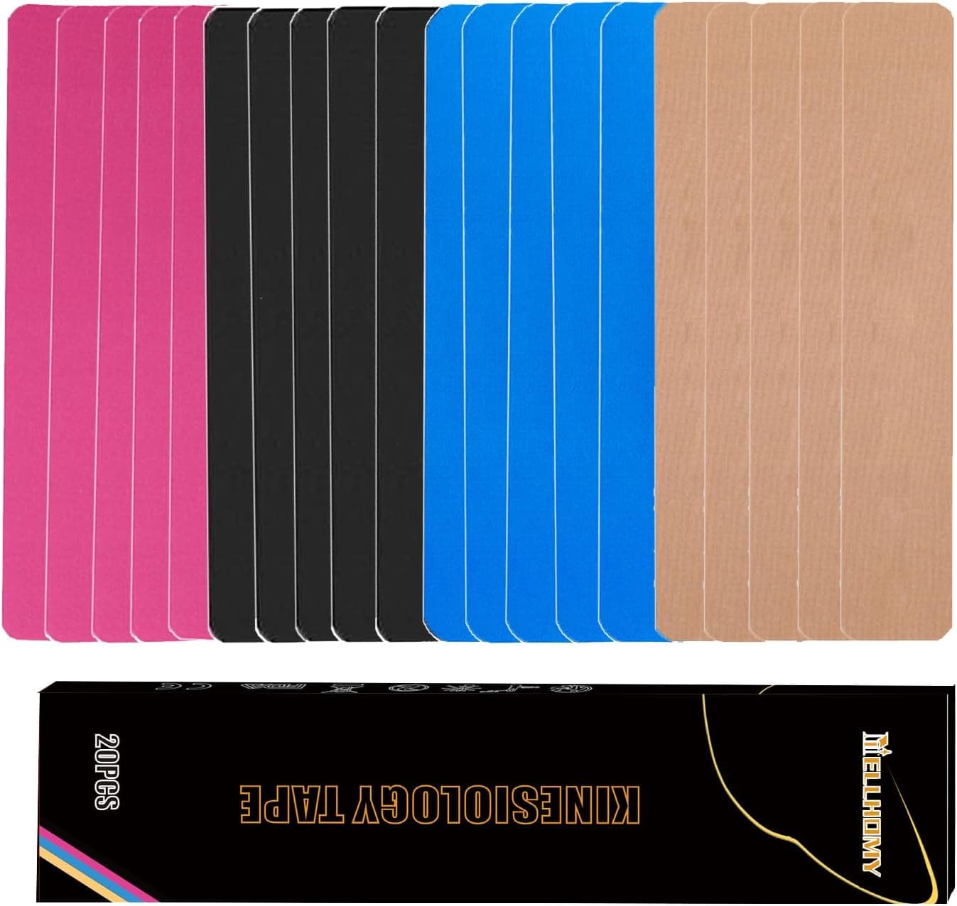 Bande de Kinésiologie Precut (5 cm x 5 m, 20 Bandes),Hypoallergénique, Imperméable et Respirante, Bande de Sport Physio-élastique pour Soulager La Douleur pour Les Muscles,Divers Sports(Coloré)