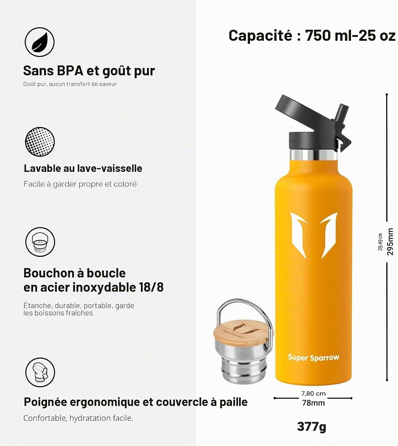 Sparrow Gourde Isotherme -0.5L/0.75L/1L - Bouteille INOX avec Paille | Étanche, Lave-Vaisselle, Sans BPA, Froid & Chaud, Sport TwistTrail Avec Bouchon Paille, Bouchon Anse & Housse