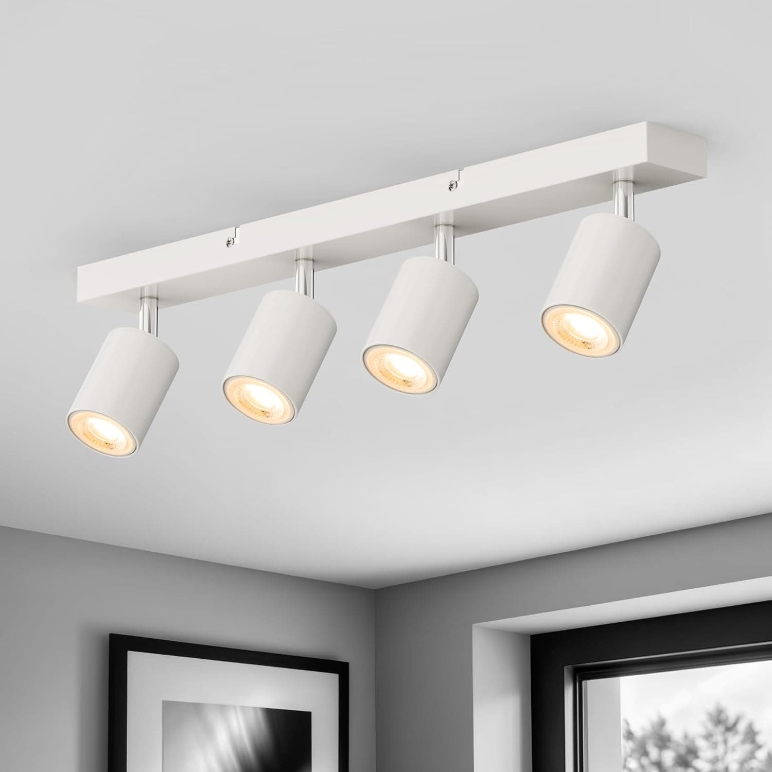 wowatt Plafonnier 4 Spots, GU10 Rampe de Spot Orientable, Lampe de Spot Plafonnier Blanc, Luminaire Spot Interieur Plafond, Éclairage LED Plafond Pivotant pour Salon, Chambre, Cuisine, Sans Ampoules