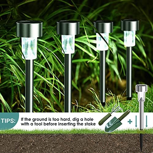 GIGALUMI Lampe Solaire Extérieur, Lampe Solaire Extérieur Jardin,Étanche Lumière Solaire Extérieur pour Terrasse, Pelouse, Jardin, Allée, Chemins, Acier Inoxydable,Lot de 12,Blanc