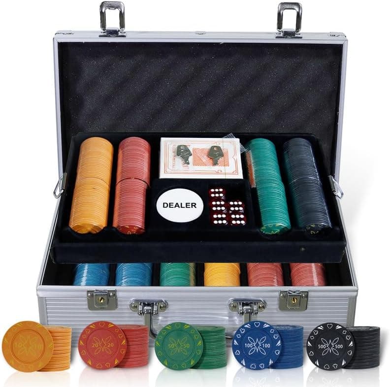 CCLIFE Jeu de Jetons de Poker, 300/500 Jetons de Poker de Casino avec Boîtier en Aluminium, Cartes à Jouer, dés, Dealer