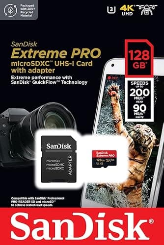SanDisk 128 Go Extreme PRO microSDXC carte + adaptateur SD + RescuePro Deluxe jusqu'à 200 Mo/s avec des performances applicatives A2 UHS-I Class 10 U3 V30