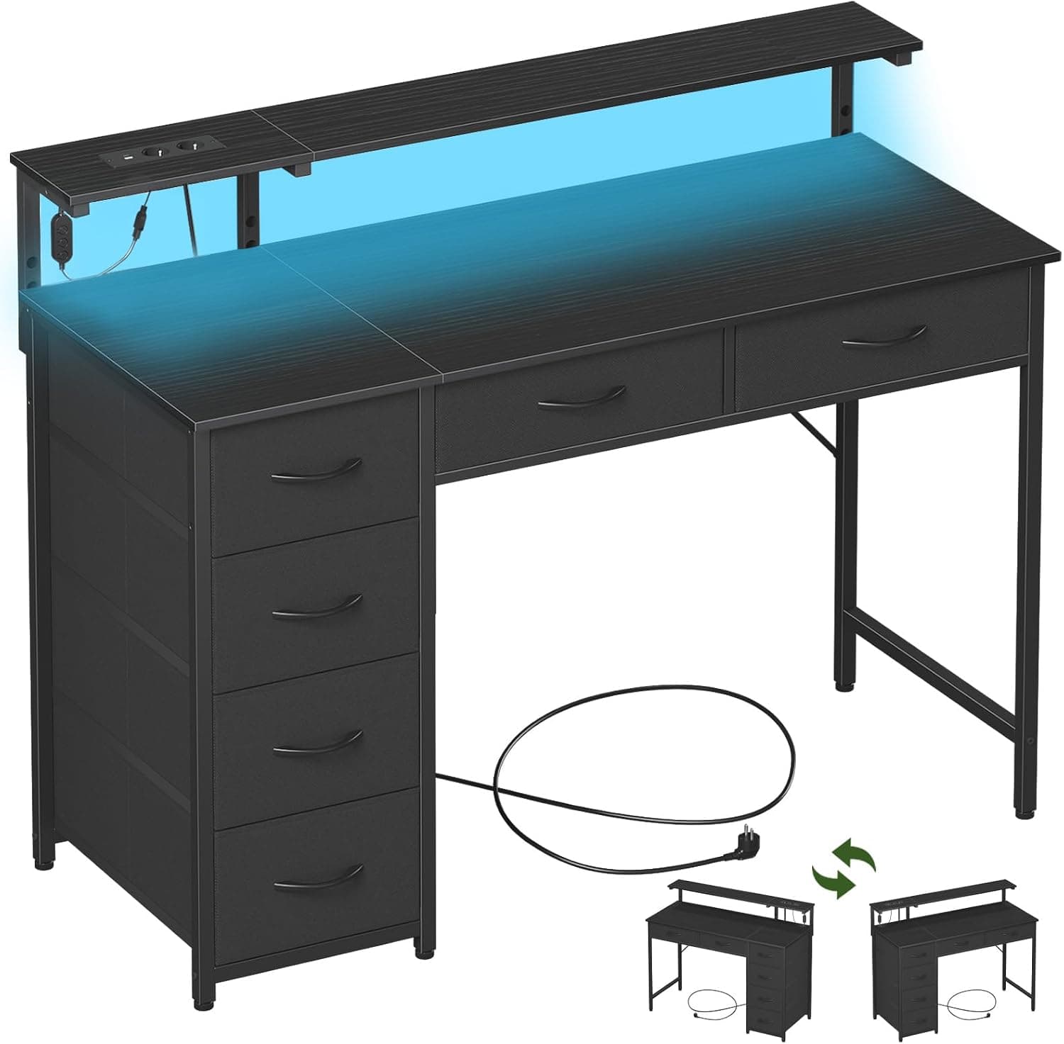 Somdot Bureau Gaming LED avec Prises, Support de Moniteur, 100x50cm, Noir