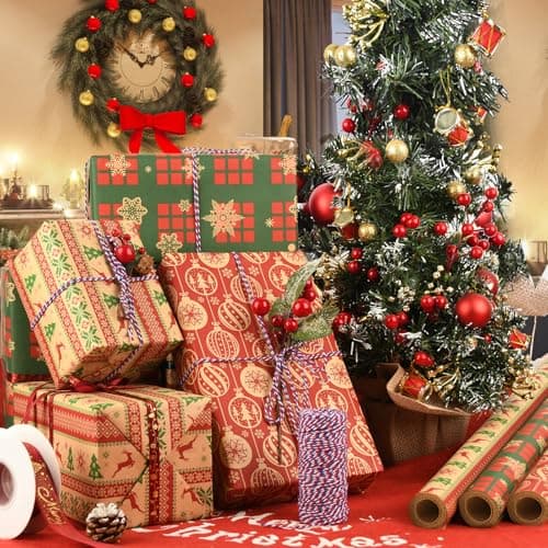 AhfuLife Papier Cadeau Noël Gros Rouleau 60CM×6.5M, 3 Rouleau Grande Longueur Papier Kraft Noël avec Jolis Motifs de Flocon de Neige - Arbre de Noël - Cloches Rounge Pour Emballage Géant Cadeau Noël