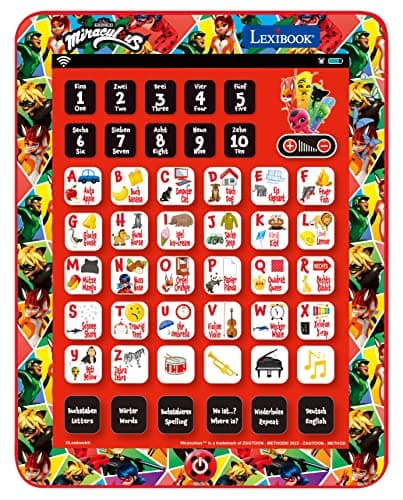 LEXIBOOK, Miraculous Ladybug Cat Noir Tablette éducative Interactive bilingue Jouet pour Apprendre Les Lettres de l'alphabet Chiffres Mots orthographe et Musique Anglais/Allemand Rouge JCPAD002MIi3