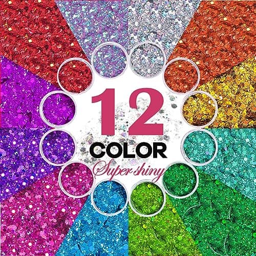 Sugeru®Maquillage Paillettes Visage Festival-12 Couleurs set,Fluorescent Paillette pour Visage,Corps,Cheveux,Ongles,Halloween,Fête,Noël,Fluorescent Paillette,Paillettes de Corps,Gel (12-2.5g/pcs)