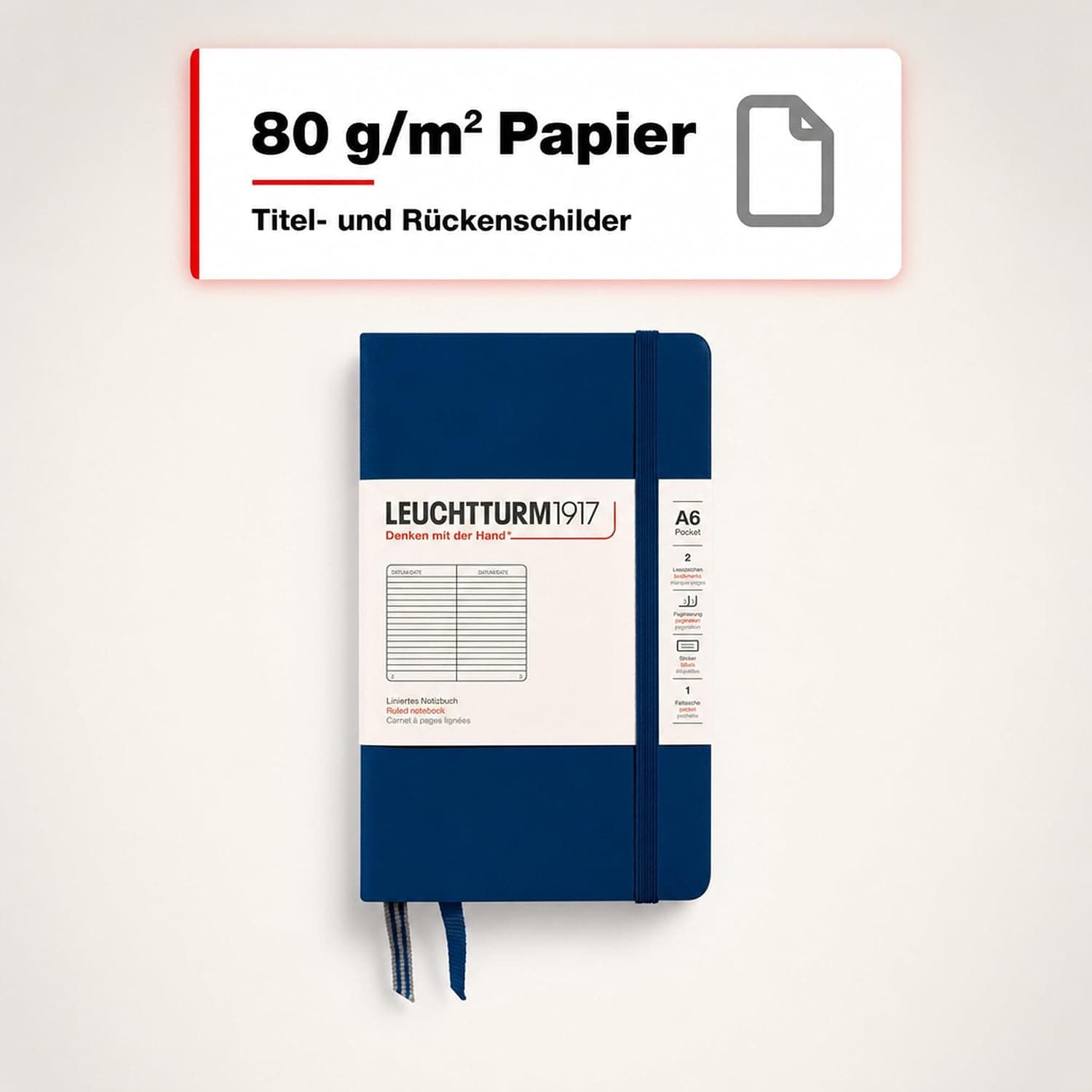 Leuchtturm1917 342918 Carnet Pocket A6 Ligné 185 pages numérotées Bleu marine