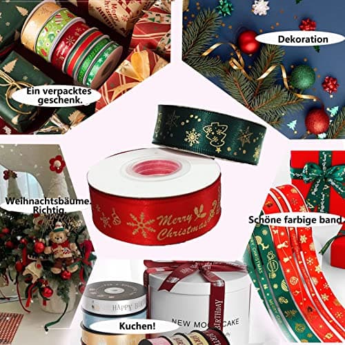 20 Yards Ruban Noel, 2 Rouleaux Ruban de Noel Vert/Rouge, Ruban Cadeau de Noël, 20mm de Large Avec Motif de Noël Pour Emballer Les Cadeaux de Noël (10 Yards/Rouleaux)