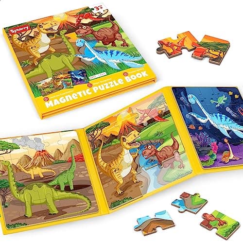 SYNARRY Puzzle Dinosaures Magnetique Enfants 3 4 5 6 Ans, 20 Piéces de Puzzle Voyage, Jouet pour Garçon Fille Avion Voiture Enfant 3 à 8 Ans