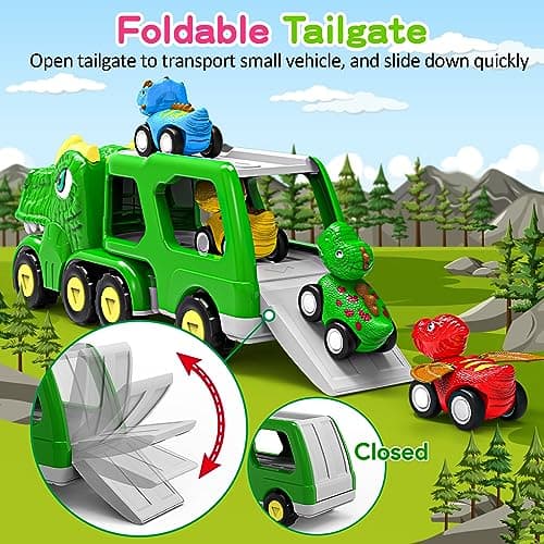 ENJSD Camion Dinosaure Jouet pour Enfant de 3 4 5 Ans, 5 en 1 T-Rex Camion Transporteur Voiture avec Lumières et Sons, Jeux pour Garcon Fille 3 à 5 Ans, Cadeau Noel Enfant de 3-5 Ans(Vert)