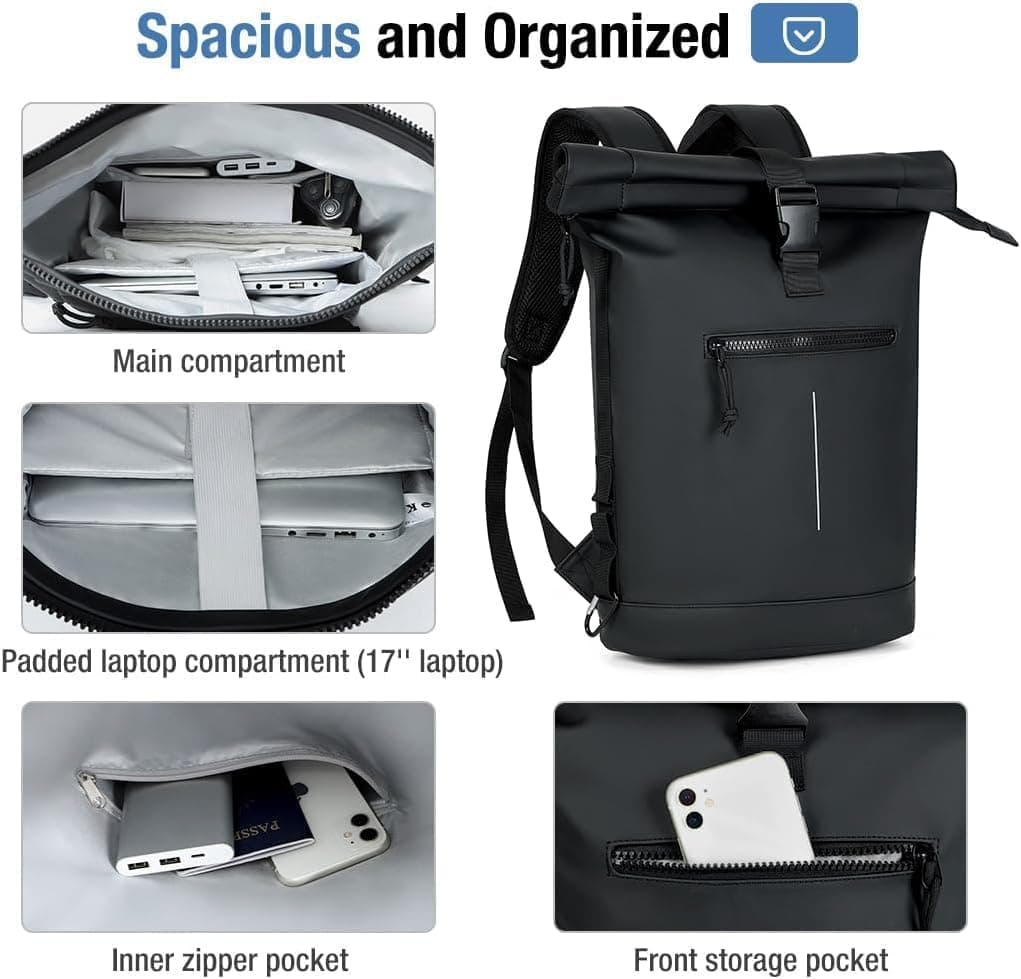 Lekeinchi Sac à Dos Rolltop Elegant Homme Femme Portable PC 17 Pouces, Noir | Imperméable, Rains Sac à Dos avec Bandes Réfléchissantes, Sac à Dos de Voyage Extensible Décontracté Travail College