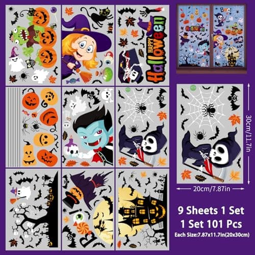Zindoo Halloween Decoration Stickers Fenetre d'halloween 9 feuilles 101 Pièces Autocollants de Fenêtre d'halloween pour enfants, Mignon Enfantin Impression Recto-Verso pour Vitres Portes Miroirs