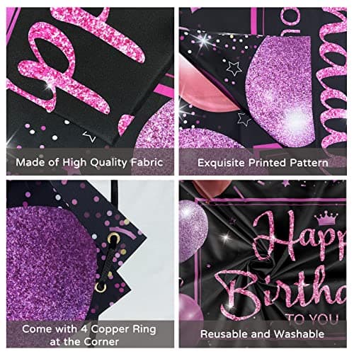 Koliphy Decoration Anniversaire, Noir Violet Banderole Joyeux Anniversaire Fête Deco Pour Hommes Femmes, Anniversaire Photographie Fond Bannière, 70,8 x 40,3 Pouce