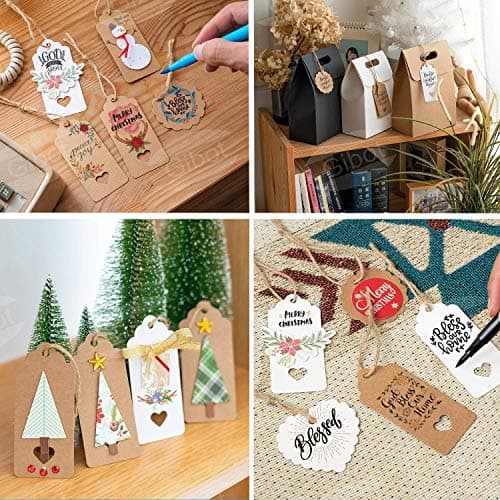 Étiquette cadeau 200PCS étiquette en papier kraft de brun et blanc,Étiquettes vierges en rectangulaire en forme de cœur de ronde,étiquette pour mariage cadeau Noël party,30m Ficelle de jute