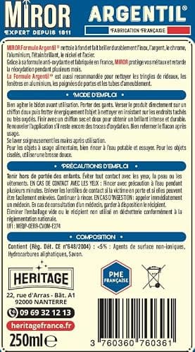 Miror Argentil - Nettoyant Inox, Argent, Chrome, Etain brillant, Nickel, Aluminium Et Acier - Nettoie & Fait Briller - Efficace Pour Argent Et Métal - Anti-oxydant - Fabriqué En France - Facon 250mL