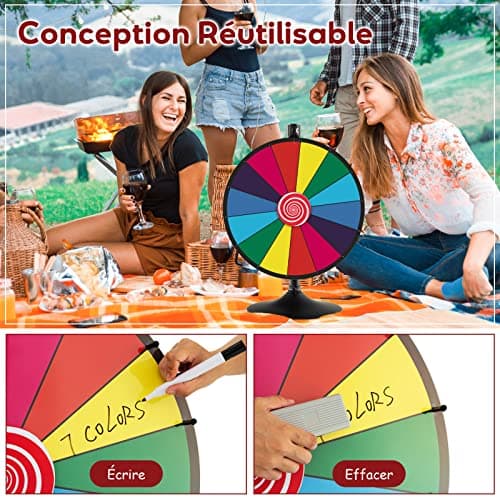 COSTWAY Roue de la Fortune 60cm à Hauteur Réglable avec 14 Emplacements, Roue de Loterie sur Pieds avec Marqueur Effaçable à Sec & Effaceur, Base Solide