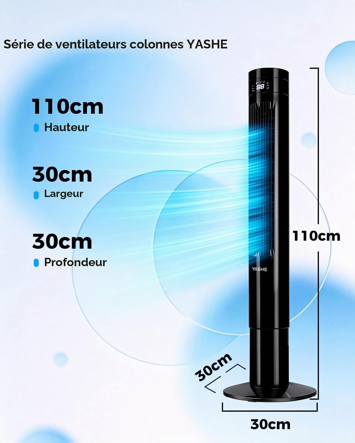 YASHE Ventilateur colonne 110 cm avec télécommande, silencieux 28 dB | Oscillation 85°, 12 h minuterie, 3 modes, 3 vitesses et affichage LED, idéal pour chambre, bureau et maison