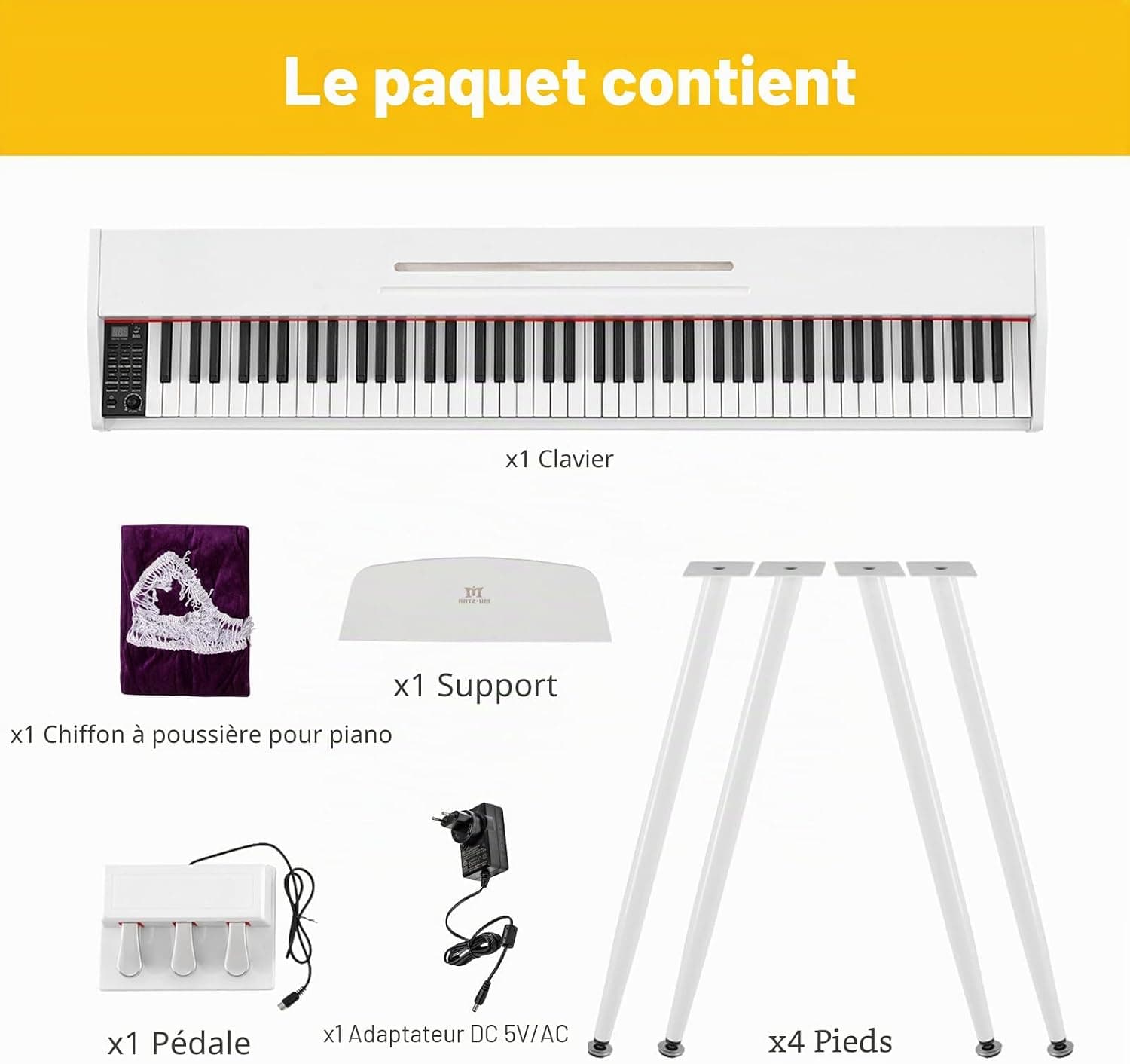MUSTAR Piano numérique 88 touches pour débutants, clavier piano taille complète avec 3 unités de pédale, piano électrique portable, piano numérique pour la maison avec MIDI-USB et support, blanc