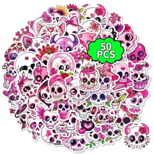 Autocollants de Crâne 50 Pcs Stickers Tête de Mort Adhésif Autocollant Halloween Scrapbooking Autocollants de Tête de Mort Sticker Decoration pour Bureau Ordinateur Portable Bouteille D'eau
