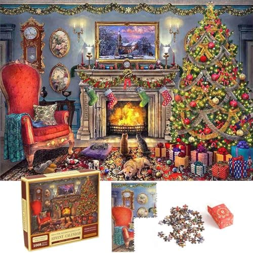 Calendrier de l'Avent 2024, puzzle 1008 – Calendrier de l'Avent de 24 jours pour adultes et enfants, décoration de Noël pour cheminée (A)