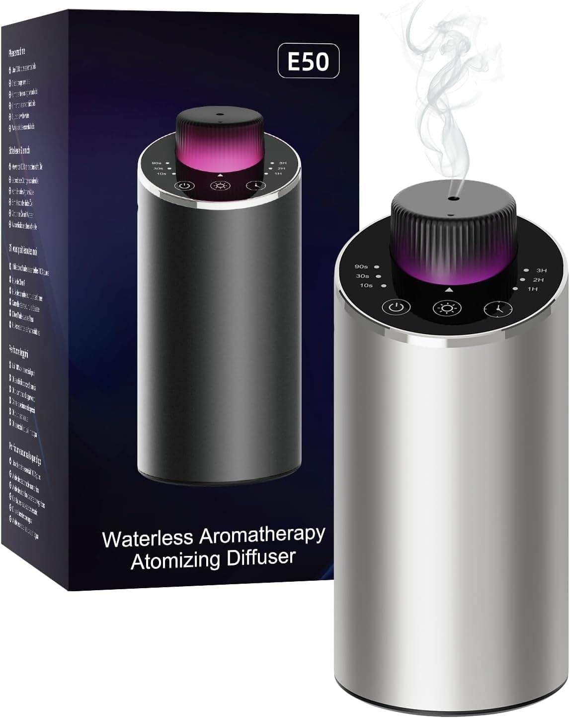 Diffuseur huiles essentielles, Diffuseur sans Eau pour Chambre, Voiture, Bureau, Diffuseur huiles essentielles Voiture, 4 minuteries et 3 Niveaux de Brume (Argenté)