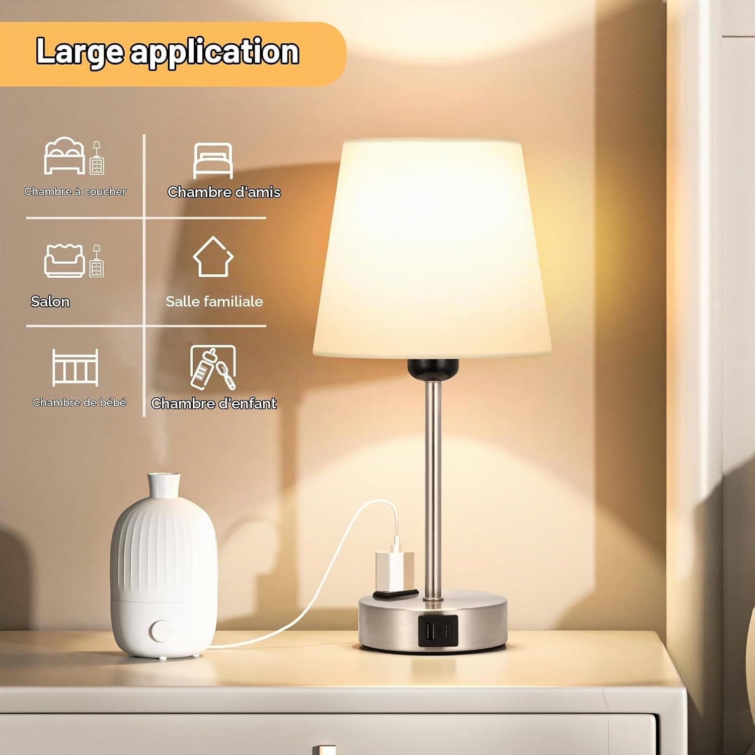 Kakanuo Lampe de Chevet Tactile avec Ports USB-A+C+Prise CA 2 Ampoules, 3 Intensité Variable, Abat-jour en Lin Blanc Base Argentée Givrée, Lampes de Table pour Chambre Salon D'enfant Bureau