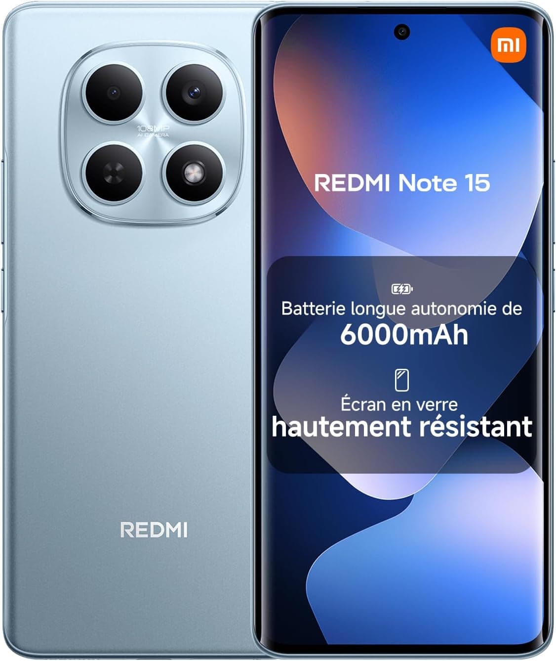 XIAOMI REDMI Note 15 Smartphone 8+256 Go Batterie 6000 mAh - Bleu Glacier | Écran FHD+ 6,77", résistance eau IP64, caméra 108 MP ultra-nette, 2 ans de garantie, chargeur non inclus