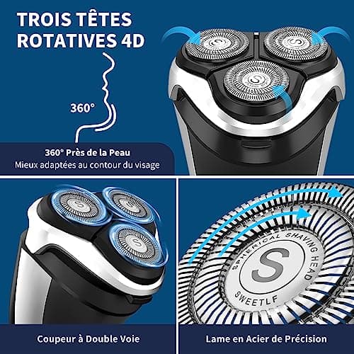 SweetLF [2024 New] Rasoir Electrique Hommes Wet & Dry (Plus 3 Lames+1 Chargeur Rapide) avec 4D Têtes Rotatives, Rasoir Rechargeable avec Ecran LED, Rasage IPX7 Etanche + Tondeuse Barbe - Noir