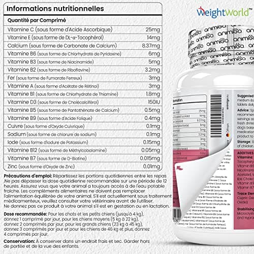 Vitamine Chien & Chat 365 Comprimés - 18 Minéraux & Vitamine pour Chien : Vitamine C, D, Vitamines B, Fer, Zinc, Calcium - Pour Santé Globale, Immunité, Peau, Poil, Articulations, Os, Digestion