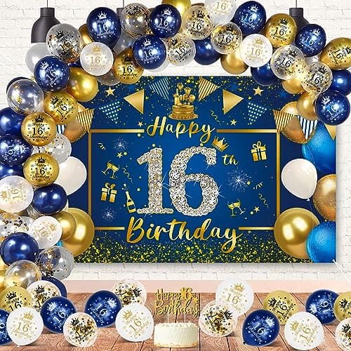 Deco Anniversaire 16 Ans, VICTERR Bleu Or Decoration Anniversaire 16 Ans Garcon Fille Banderole Joyeux Anniversaire Triangle Bannière Bleu Or Confettis Ballon, 16 Ans Anniversaire Décoration Fête