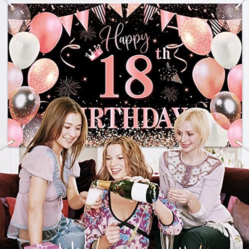 18 Décorations fête en Rose or Noir,Deco Anniversaire 18 ans Bannières de Joyeux Anniversaire Fête Porche Signe Bannière pour 18 ans Décoration Homme Femme