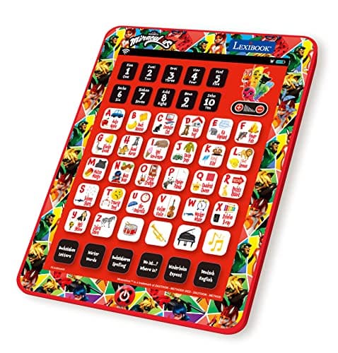 LEXIBOOK, Miraculous Ladybug Cat Noir Tablette éducative Interactive bilingue Jouet pour Apprendre Les Lettres de l'alphabet Chiffres Mots orthographe et Musique Anglais/Allemand Rouge JCPAD002MIi3