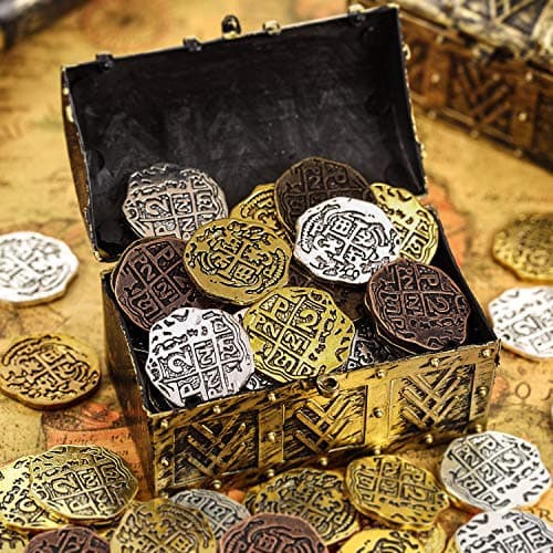 35 Pièces Pièces de Pirate en Métal Espanol Pièce de Trésor de Pirate Répliques Doubloon pour Décorations de Fête, Bronze, Bronze Antique Rouge, Or Antique et Argent Antique