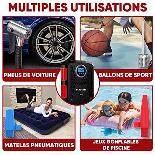 FORTEM Gonfleur Pneus Voiture, Compresseur à Air, Pompe à Vélo, Compresseur Voiture Électrique 12V – Compresseur Portatif Vélos avec Lumière LED, Jauge Numérique et Pompe/Arrêt Automatique (Rouge)