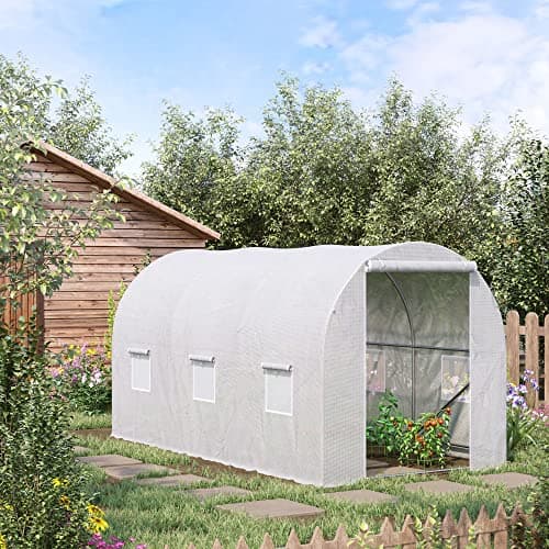 Outsunny Serre de Jardin Tunnel Surface Sol 7 m2 3,5L x 2l x 2H m châssis Tubulaire renforcé 18 mm 6 fenêtres Blanc