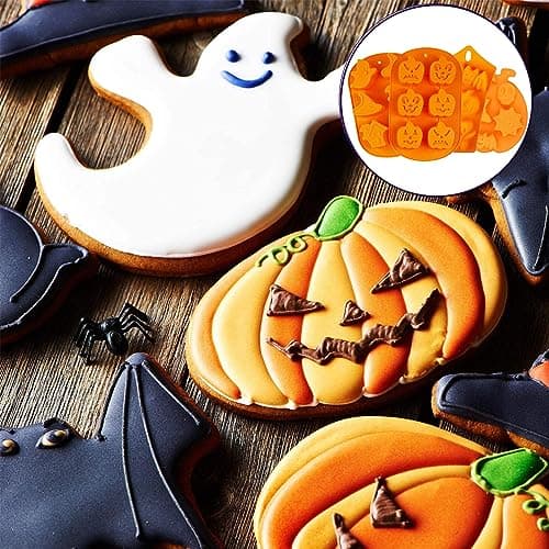 MARUKO Halloween Moule à Chocolat, 4 Pièces Halloween Moule Silicone, Moule Gateau Silicone Citrouille/Crâne/Sorcière/Fantôme en Forme de pour Chocolat, Bonbon, Gelée DIY Moisissure Decorations