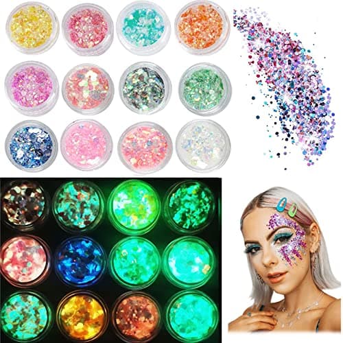 12 Pièces Paillettes Fluorescentes Visage Corps, Holographique Paillettes, Fluorescent Paillette, Paillettes Gel, Paillettes Ensemble pour Ongles, pour Visage, Fluorescent Paillette pour DIY, Corps