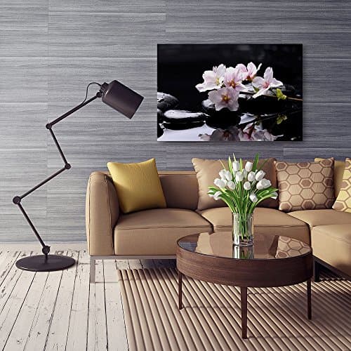 Feeby Frames, Tableau seul panneau, Tableau imprimé xxl, Tableau imprimé sur toile, Tableau deco, Canvas 40x50 cm, ZEN, CERISIER SAUVAGE, GALETS, EAU, NOIR, ROSE