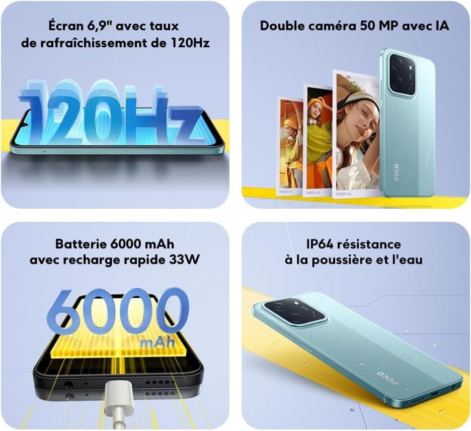 XIAOMI POCO C85 Smartphone 6+128 Go Double Caméra IA 50 MP - Noir | Écran 6,9 pouces 120Hz, Épaisseur 8mm, batterie 6000mAh, MediaTek Helio G81-Ultra, 2 ans de garantie, chargeur non inclus