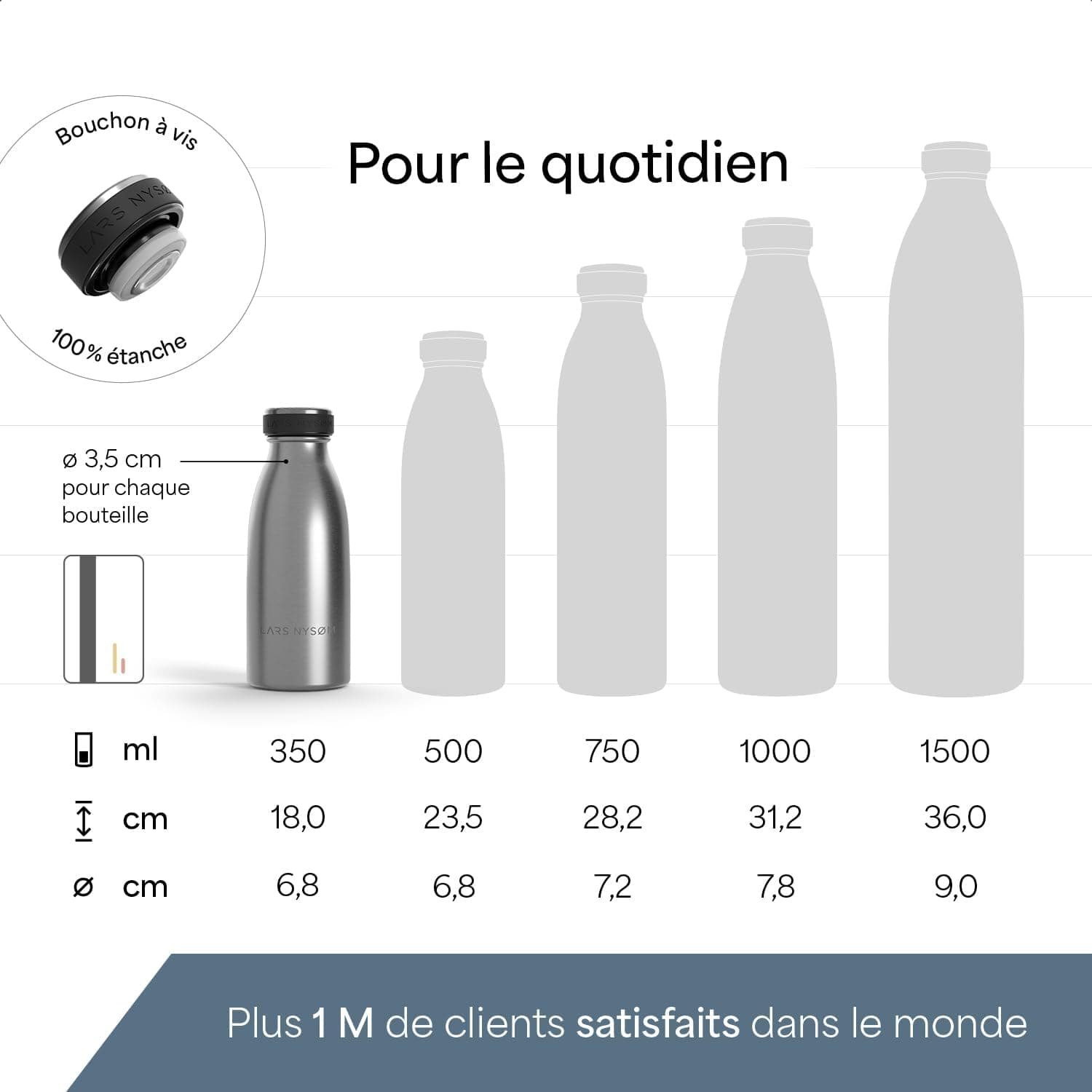 LARS NYSØM Gourde INOX 350ml | 0.35L Bouteille d’eau isolée | Gourde étanche pour Le Sport, la Bicyclette (Stainless Steel, 350ml)